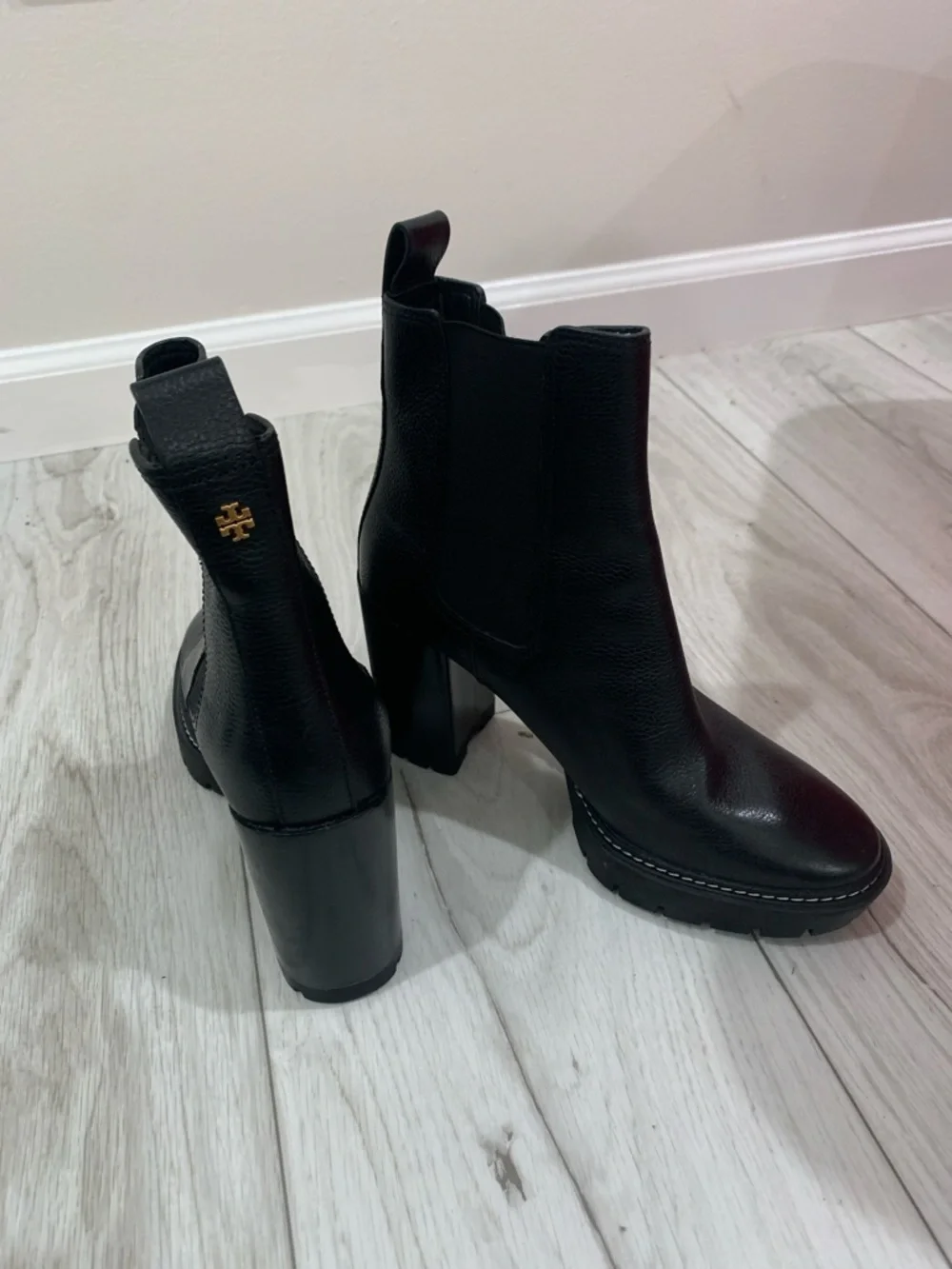 Tory Burch Black Leather Platform Chelsea Booties with Logo Tab